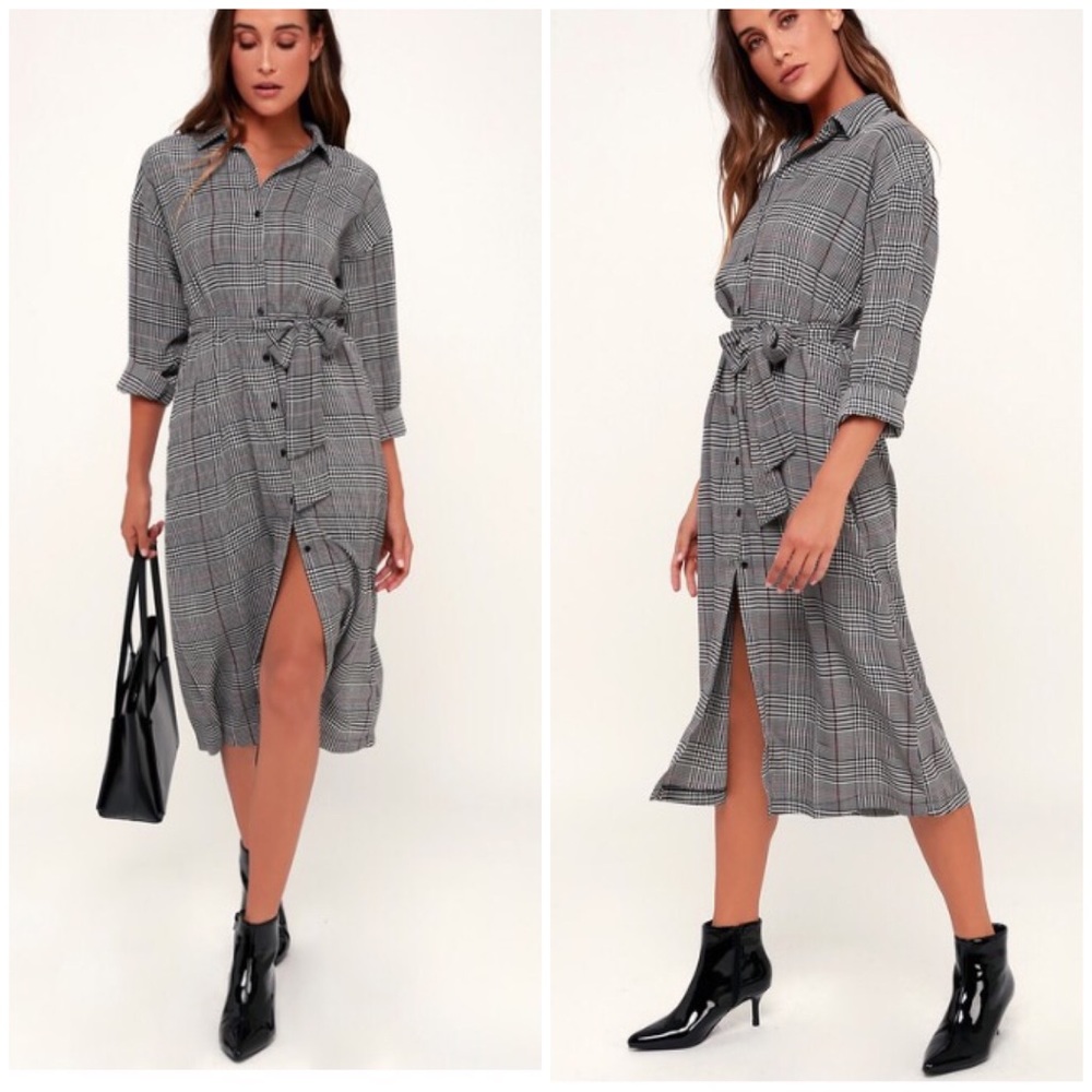 LUSH Black & White Houndstooth Midi Shirt Dress